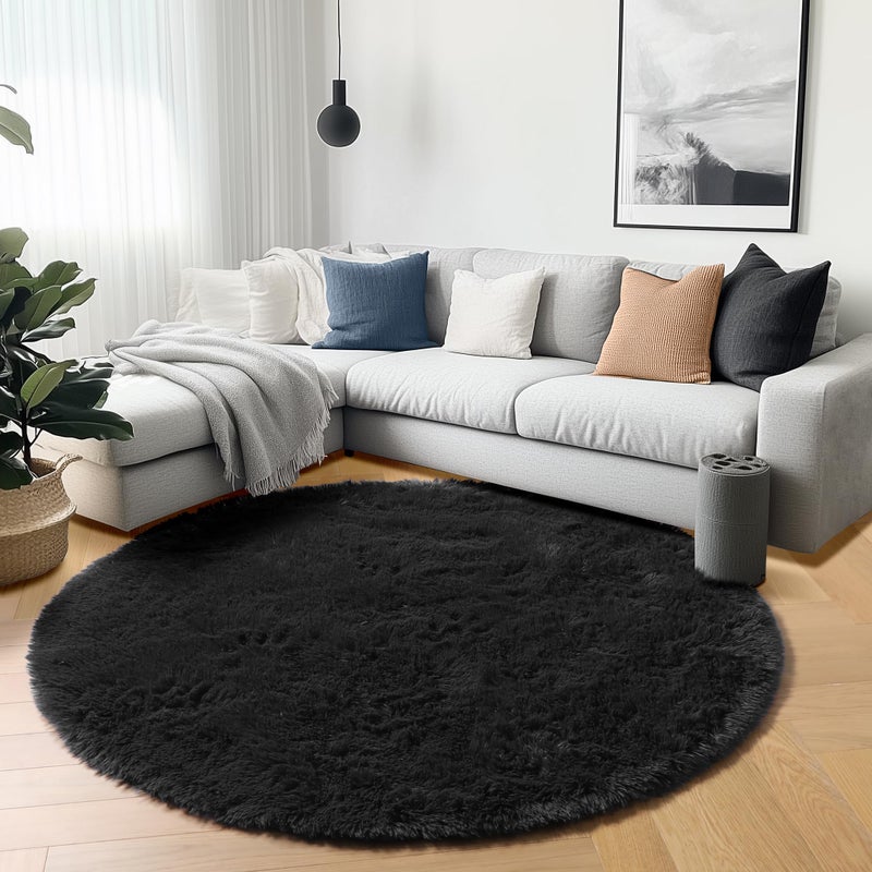 ONASAR Black Round Area Rugs 5ft, Soft Bedroom Circle Rug Floor Mats for Kids Girls Boys Teen Room, Fluffy Plush Shaggy Carpet for Baby Nursery Living Room Playroom Dorm Home Decor - Image 4